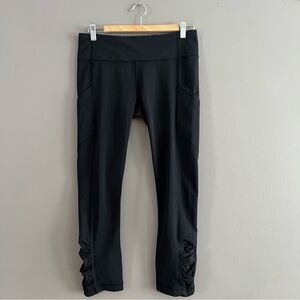 Lululemon Cropped Ruched Leg Leggings Side Back Zip Pockets Cropped Black Sz 8